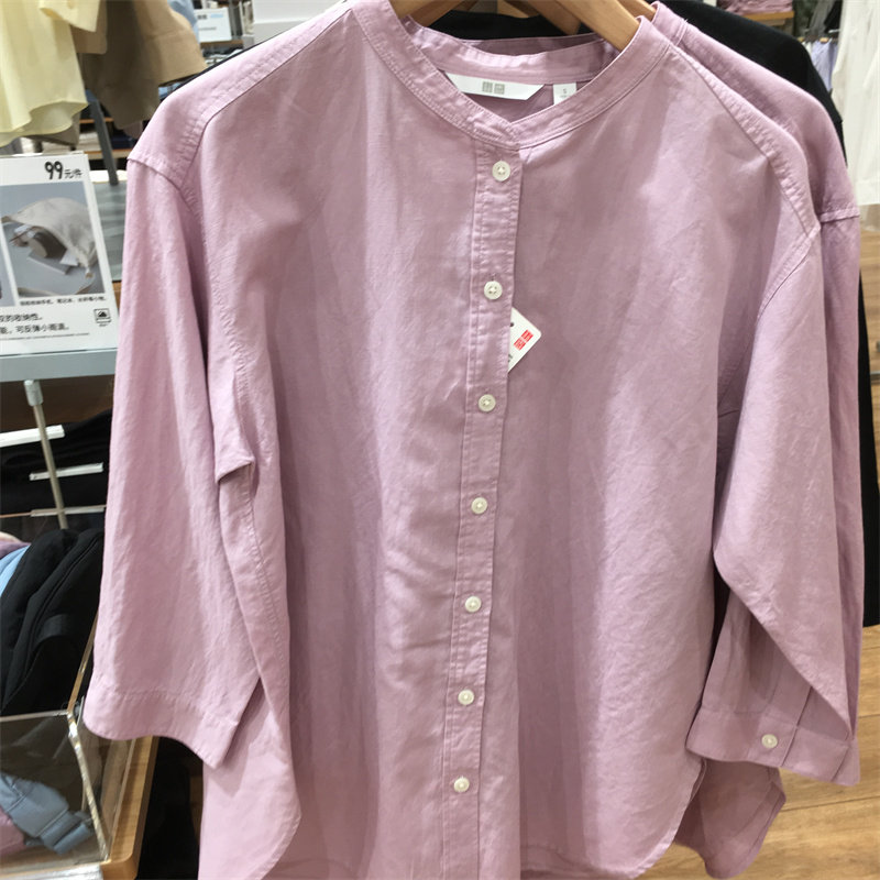 优衣库国内代购女装氧气感衬衫棉麻混纺七分袖休闲法式衬衣464735