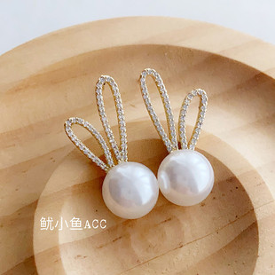纯银针可爱珍珠小兔子耳朵耳环2025新款高级感锆石兔子耳钉耳饰女