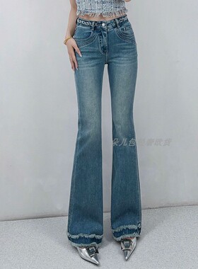 MK-MZ欧货重工烫钻浅蓝色毛边微喇牛仔裤高腰显瘦弹力修身喇叭裤