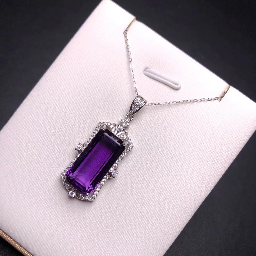天然紫水晶吊坠项链女款s925纯银镶嵌轻奢高级感锁骨链 无事牌款