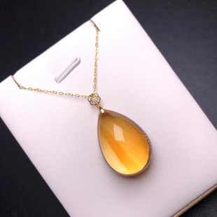 18K金镶嵌橘黄黄水晶水滴吊坠女招财天然黄宝石锁骨项链节日礼物