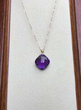 天然巴西 紫水晶 棱形 切割工艺吊坠 18 k金镶嵌扣头 送银链