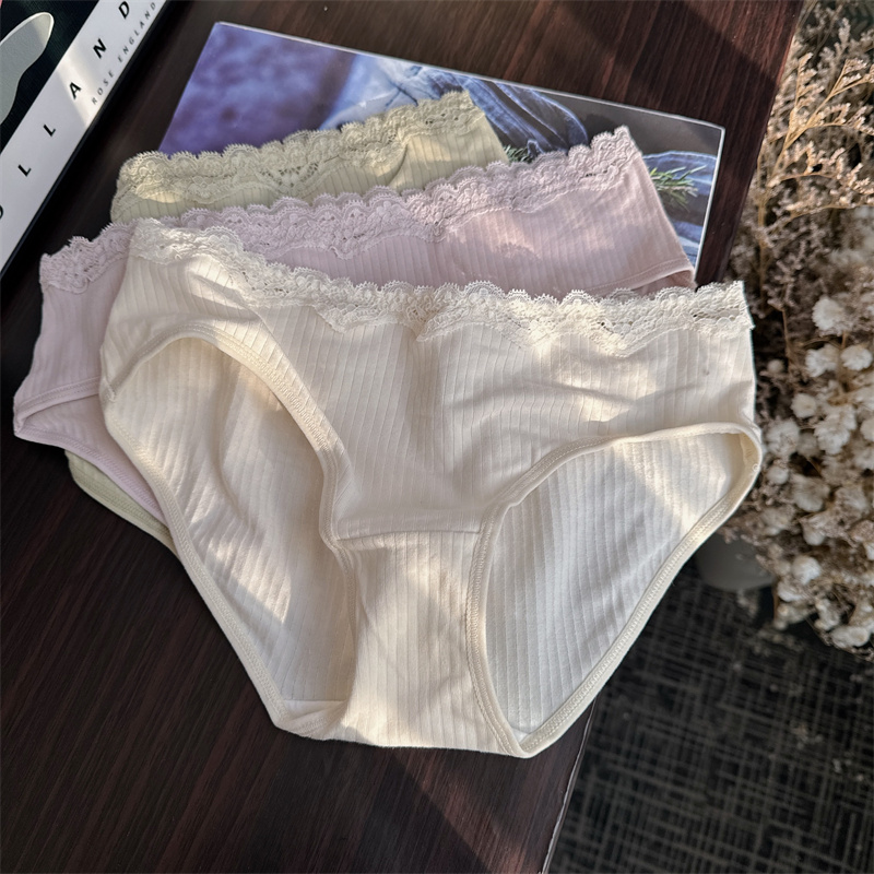氧气呼吸纯棉花边蕾丝腰围三角裤
