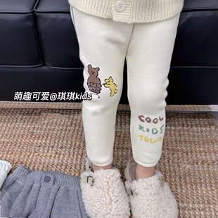 韩版童装秋冬女童杏色一体绒卡通纯棉打底裤儿童加绒外穿长裤洋气