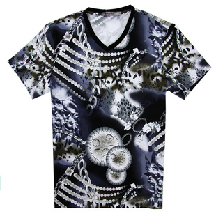 洲艳夏季男士V领T恤短袖男士V领短袖男士棉质复古印花时尚短袖T恤