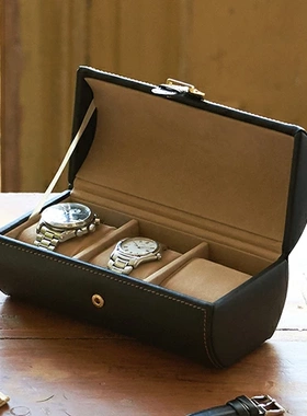 日本代购 茶谷产业Elementum 黑色皮质三支装手表收纳盒便携表盒