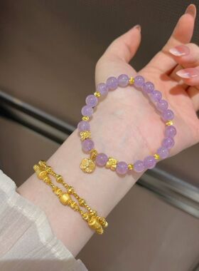 足金点钻小花吊坠+足金猫眼金珠！整套足金！天然紫水晶手串7mm