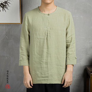 中国风男装春秋季半截袖T恤青年盘扣汉服中式棉麻衣亚麻汗衫禅服