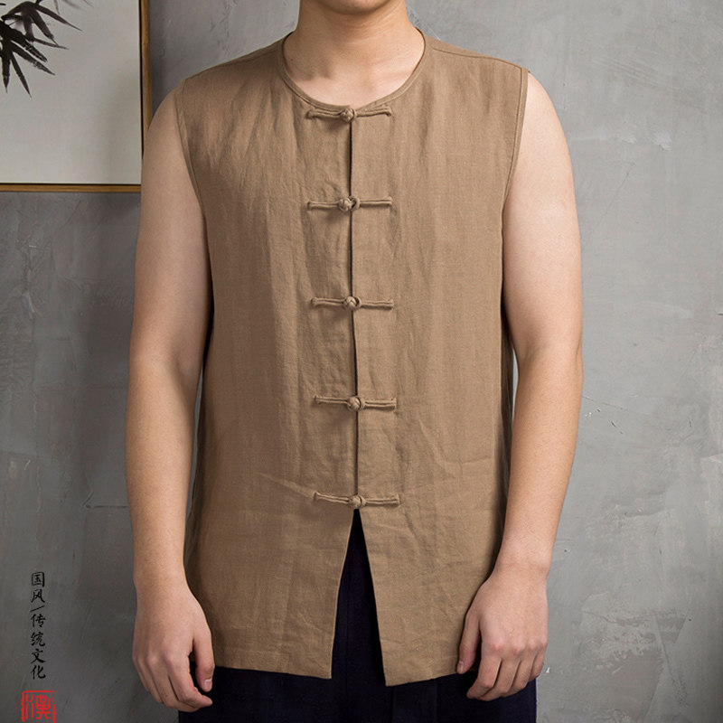 春夏中式盘扣唐装马褂青年男居家无袖T恤粗麻布休闲汗背心短马甲