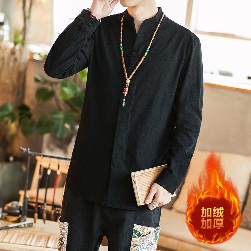 秋冬季加绒加厚长袖衬衫男宽松棉麻衣改良汉服禅意茶服保暖上衣潮,男装,衬衫,淘宝优惠券,粉丝福利购,淘宝优惠卷