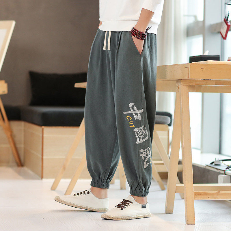 春夏棉麻九分裤中国风刺绣休闲裤小脚束脚裤男运动阔腿灯笼萝卜裤