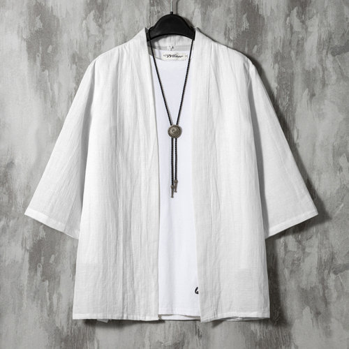 纯色亚麻汉服外套棉麻短袖开衫男