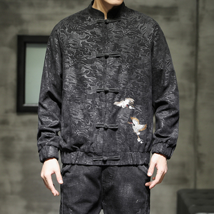 灯芯绒禅意茶服男外套 仙鹤刺绣夹克衫 特价 中国风龙纹印花立领唐装