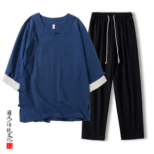 夏季棉麻衣短袖汉服套装居士禅服茶馆工作服短打汗衫长裤两件套男