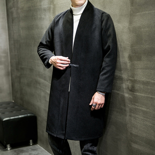 秋冬季中国风中长款风衣大码宽松呢子大衣男毛呢外套复古盘扣大氅
