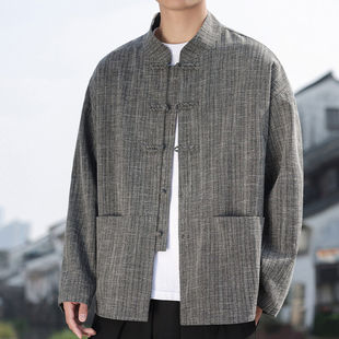 男国潮立领宽松衬衣禅意茶服 衬衫 中国风盘扣上衣大码 商务休闲长袖