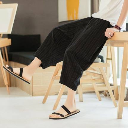 春夏季新中式短裤棉麻大裤衩宽松阔腿裤男直条纹七分裤7分灯笼裤