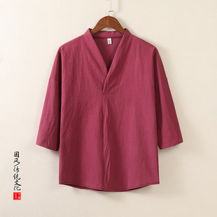 夏装V领改良汉服上班工作服复古风棉麻套头衫七分袖短袖T恤衫男装