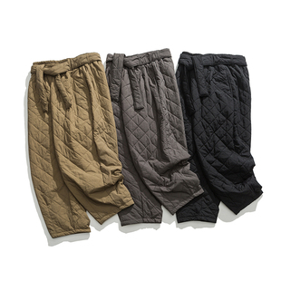 加棉休闲裤 男棉裤 宽松阔腿裤 男御寒九分长裤 子 加厚格子直筒裤 冬装