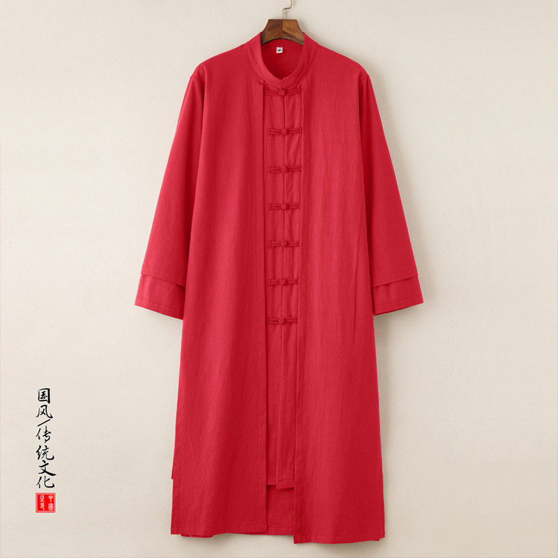 中国风长衫改良汉服假两件唐装中长款风衣复古长袍男棉麻大氅外套