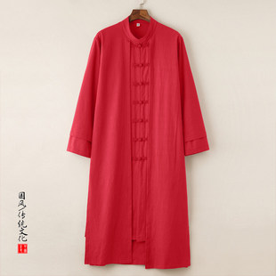 中国风长衫改良汉服假两件唐装中长款风衣复古长袍男棉麻大氅外套