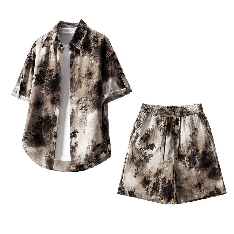 中国风印花短袖衬衫短裤运动服夏季新款青少年沙滩服潮男两件套装,男装,时尚套装,淘宝优惠券,粉丝福利购,淘宝优惠卷