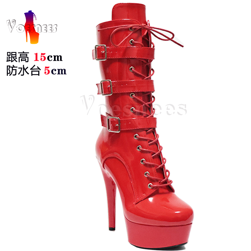 秋冬红色15CM皮带扣前带系女靴防水台恨天高钢管舞走秀变装女鞋