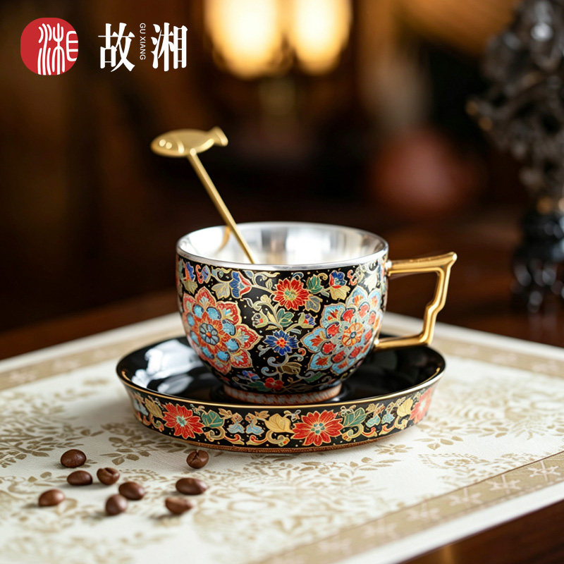 瓷包银咖啡杯碟套装999纯银高档珐琅彩咖啡杯个人专用主人杯茶杯