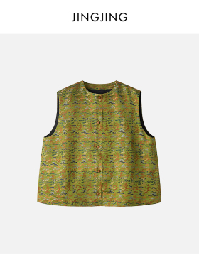 JINGJING2026新款“草木染”桑蚕丝40姆米宋锦绿底祥云琉璃扣马甲