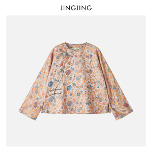精致盘扣斜襟团花纹国风上衣 桑蚕丝人丝衬衫 JINGJING 遍地莲花