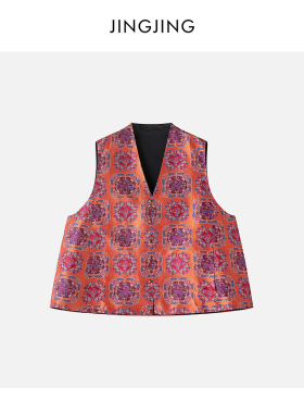 JINGJING2026新款“盛唐彩鹿”桑蚕丝蜀锦32姆米炫彩花纹V领马甲