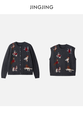 JINGJING2025新款“小狗故事”绵羊毛彩点纱卡通动物山羊绒针织衫