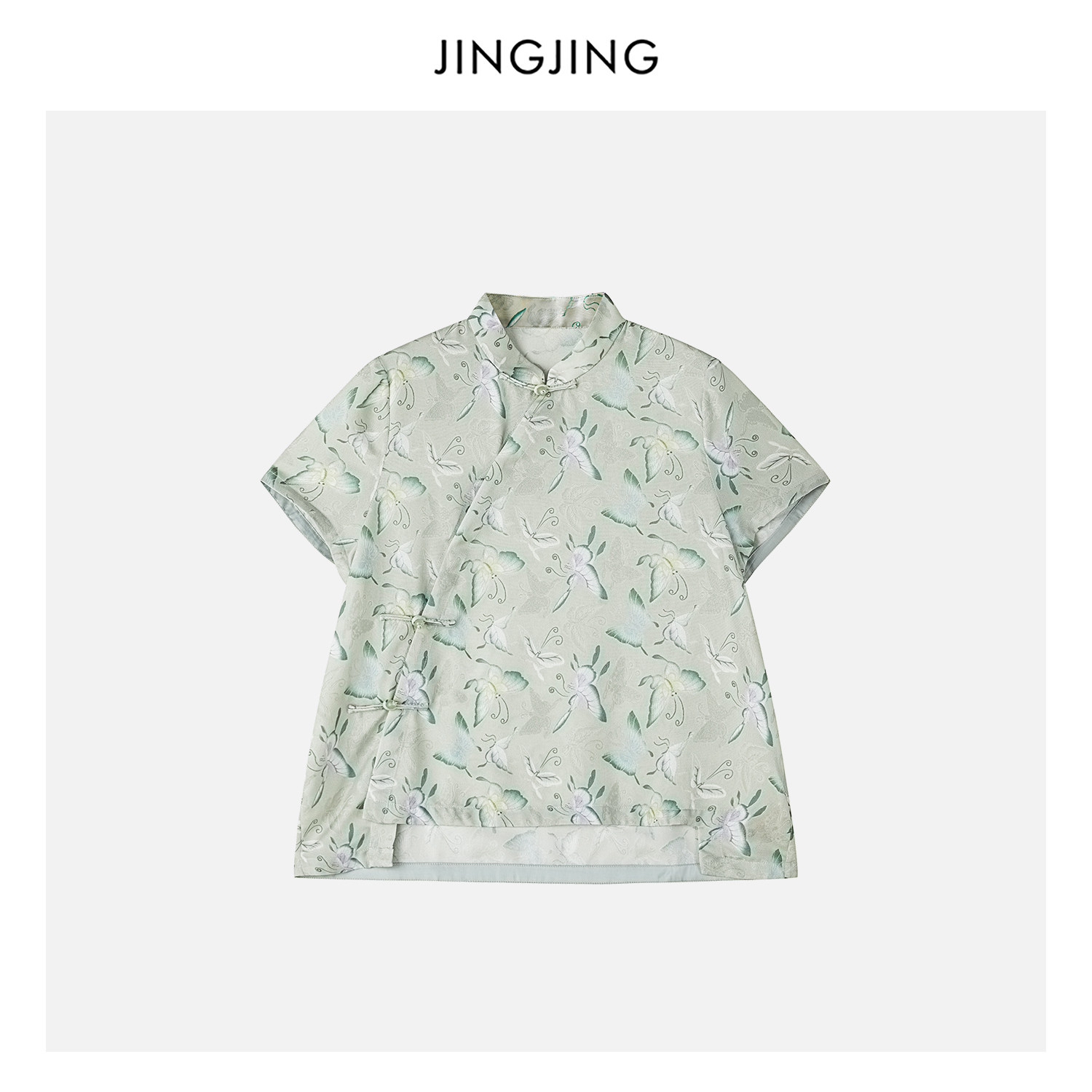JINGJING"蝶栖清衫"夏季100%桑蚕丝19姆米四径绞罗色织提花上衣