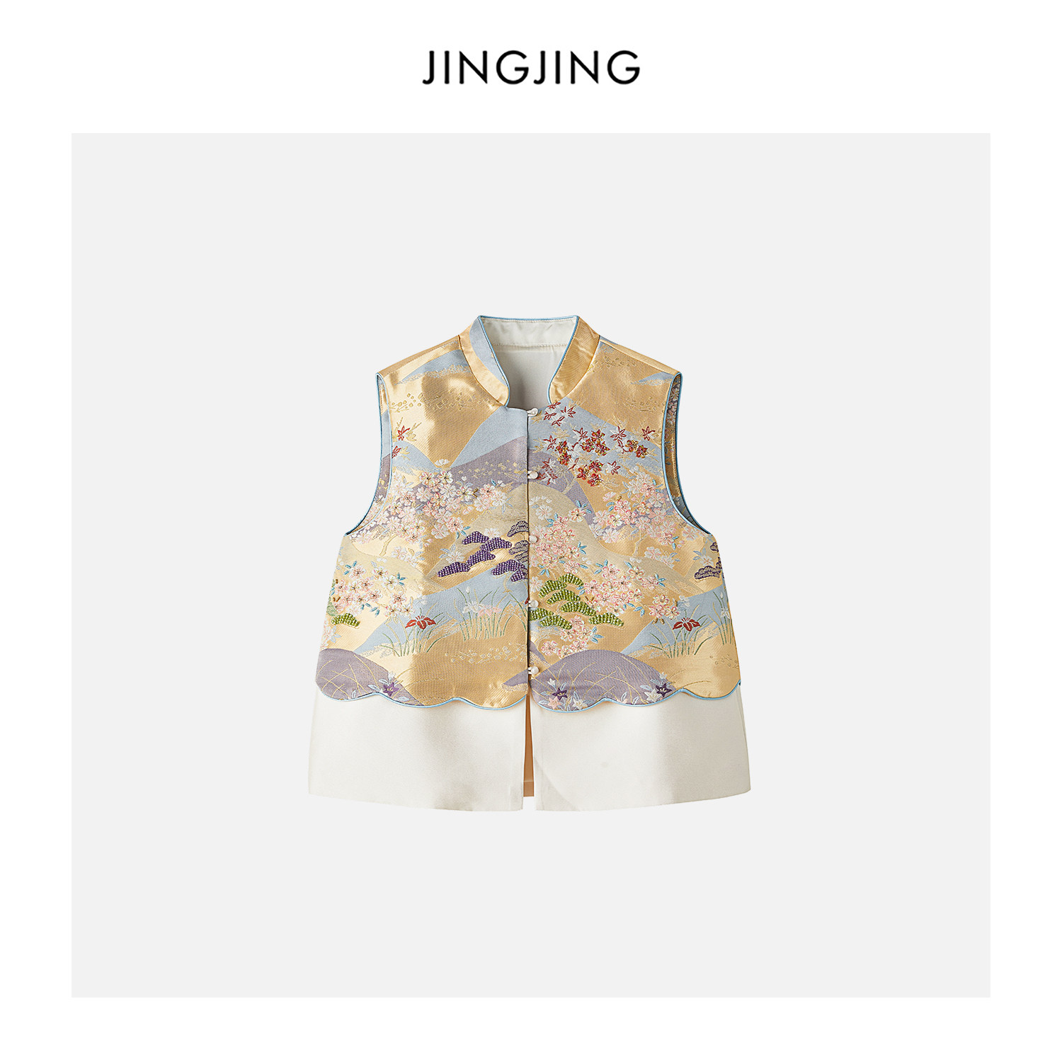JINGJING2026新款“金谷春生”西阵织提花钉珠刺绣波浪拼接马甲