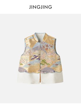 JINGJING2026新款“金谷春生”西阵织提花钉珠刺绣波浪拼接马甲