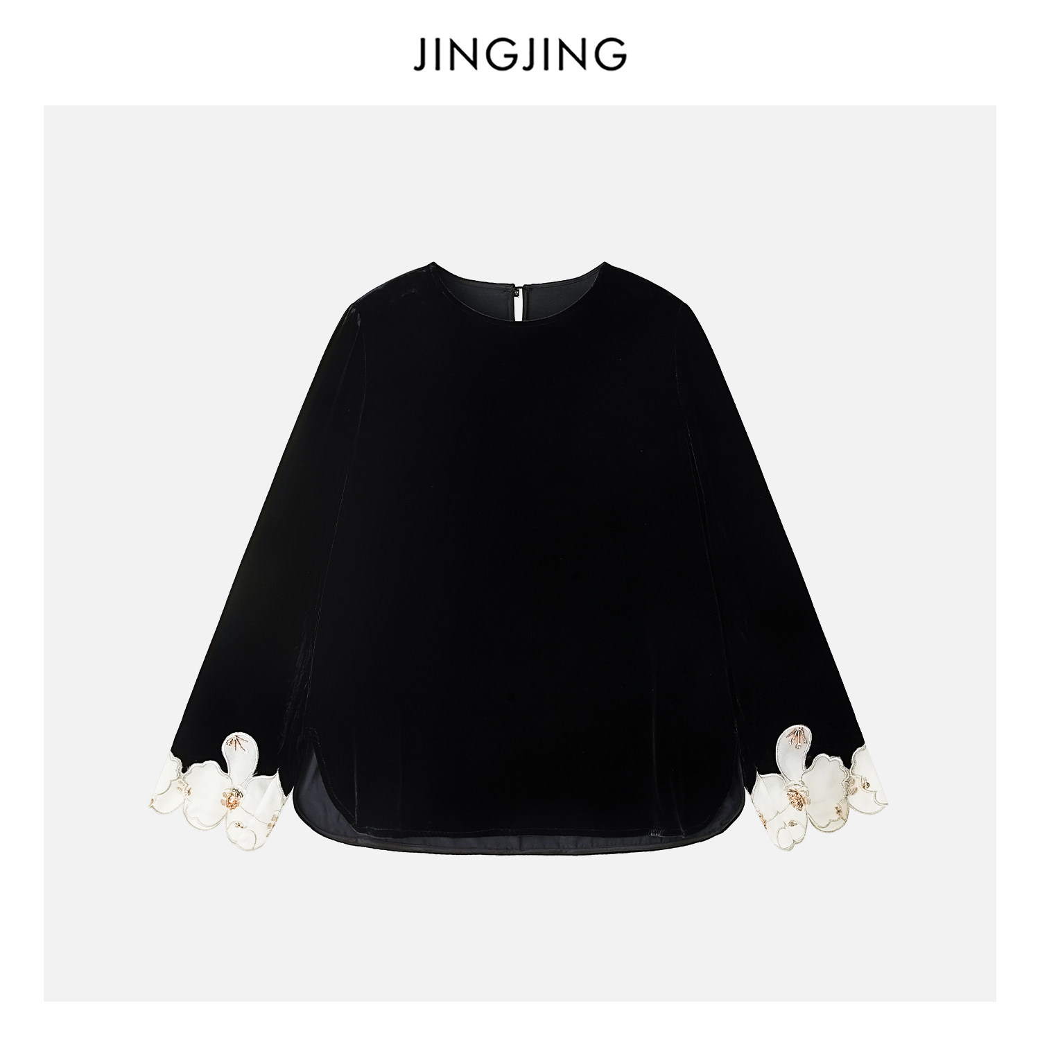 JINGJING"花边梦"100%桑蚕丝26姆米黑丝绒花边刺绣春秋款国风上衣