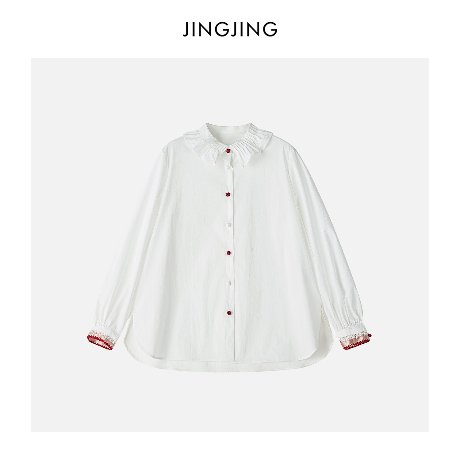 JINGJING2026新款“甜茶荷叶”复古优雅气质牙签褶娃娃领气质衬衫,女装/女士精品,上衣,淘宝优惠券,粉丝福利购,淘宝优惠卷