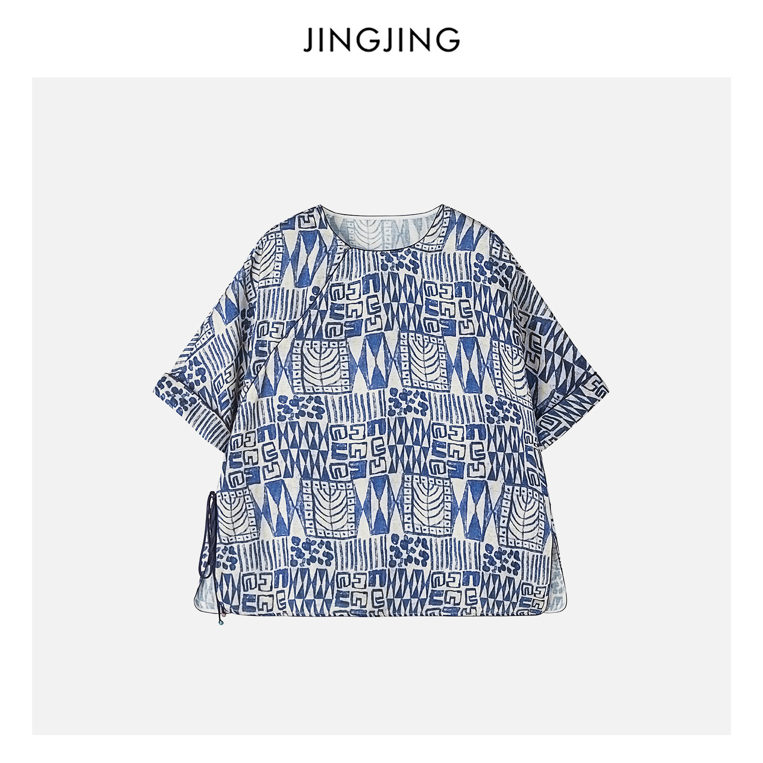 JINGJING"白瓷蓝调"丝麻混纺优雅几何图纹袖口卷起设计气质上衣