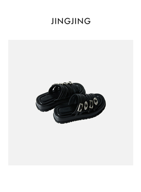 JINGJING2024春秋“七月”质感皮质鞋底鞋面腰带设计百搭黑色凉拖