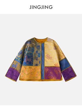 JINGJING2026新款“鎏光拼影”桑蚕丝人丝暗纹提花缎面新中式上衣