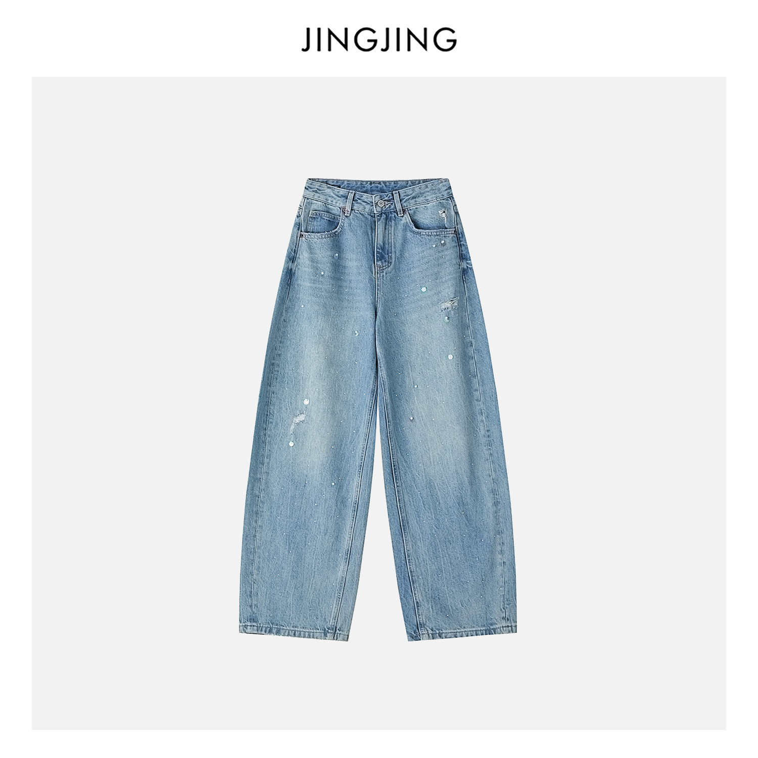JINGJING"陨石星落"100%棉复古水洗工艺磨毛宽松弯刀休闲牛仔裤