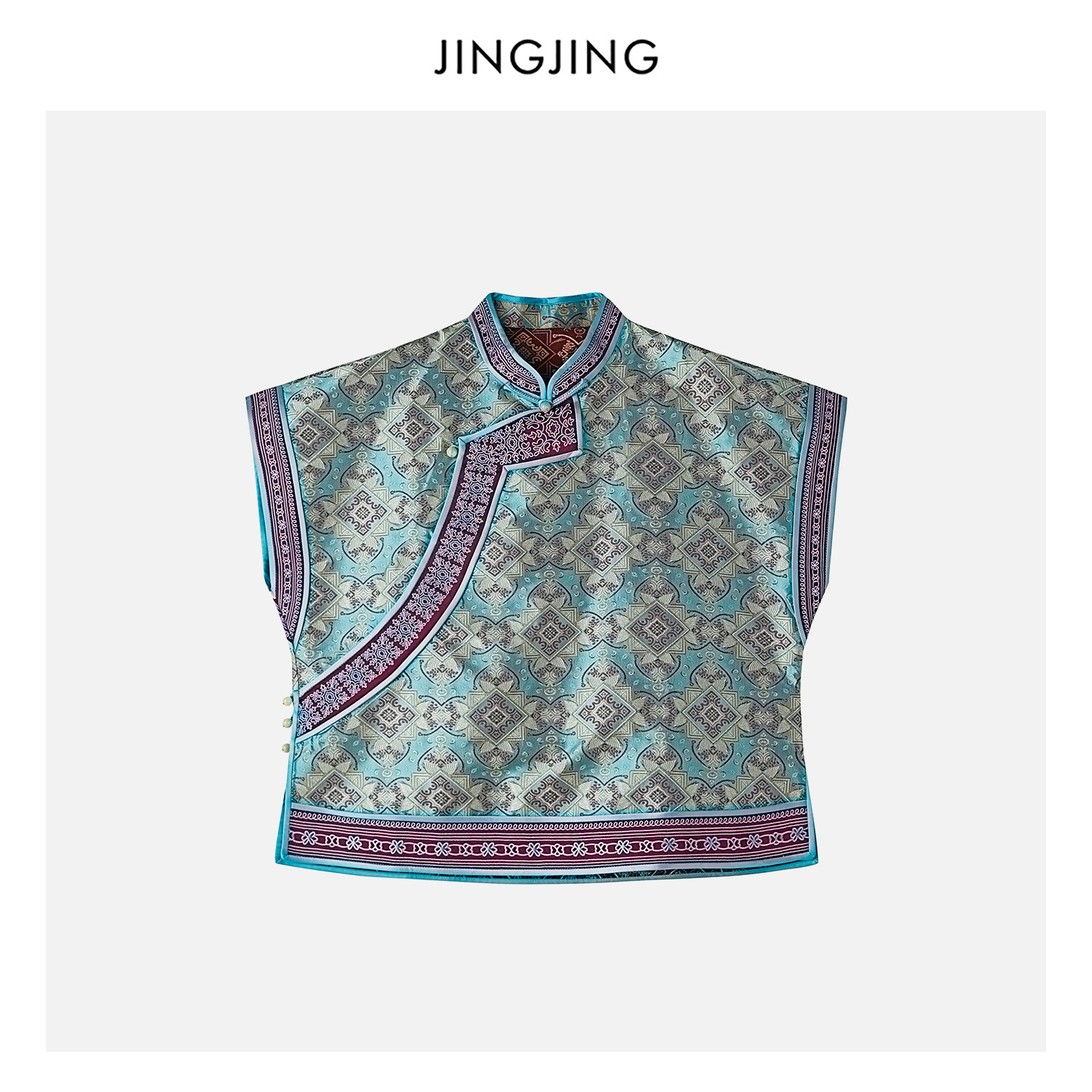 JINGJING"锦年宝相"100%桑蚕丝38姆米蜀锦宝菱形格相花纹国风上衣