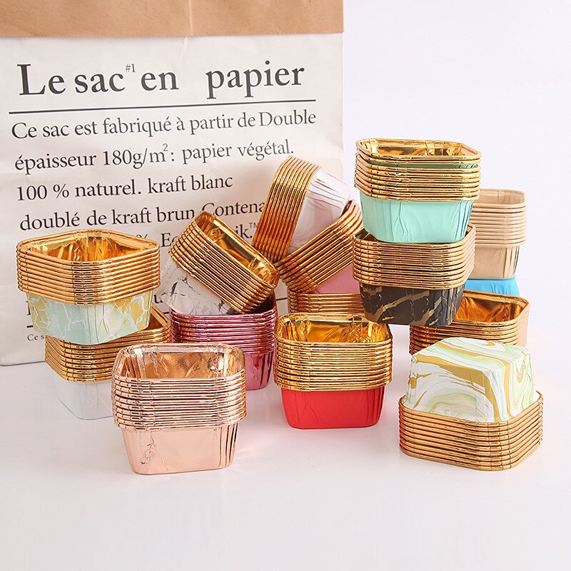 50个装加厚金银蛋糕纸杯正方杯中号蛋糕纸耐高温烤杯烘焙纸杯