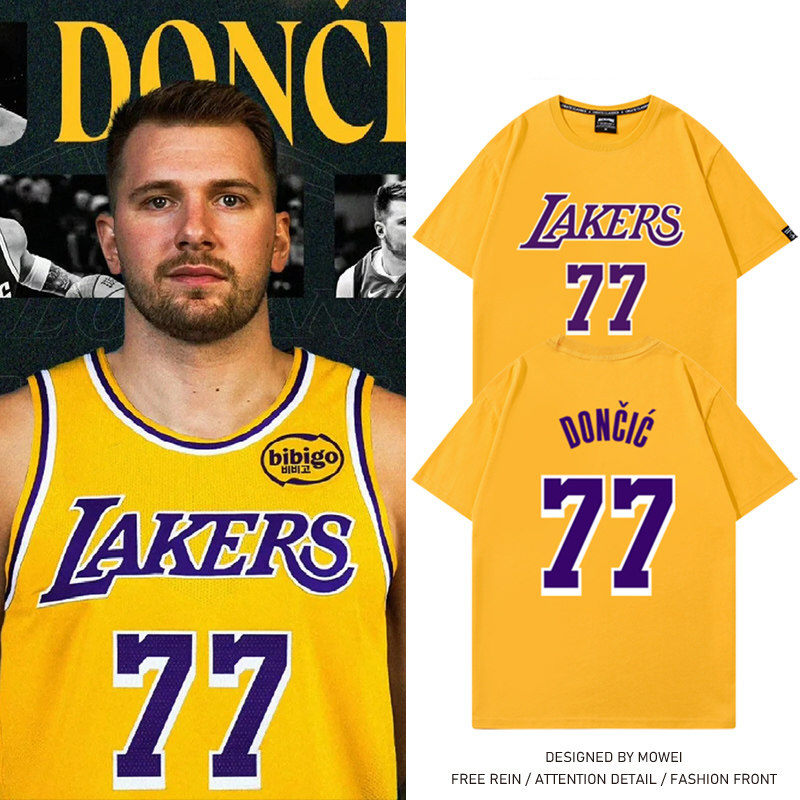 湖人队东契奇77号篮球衣男美式休闲训练衣服宽松纯棉短袖T恤潮流