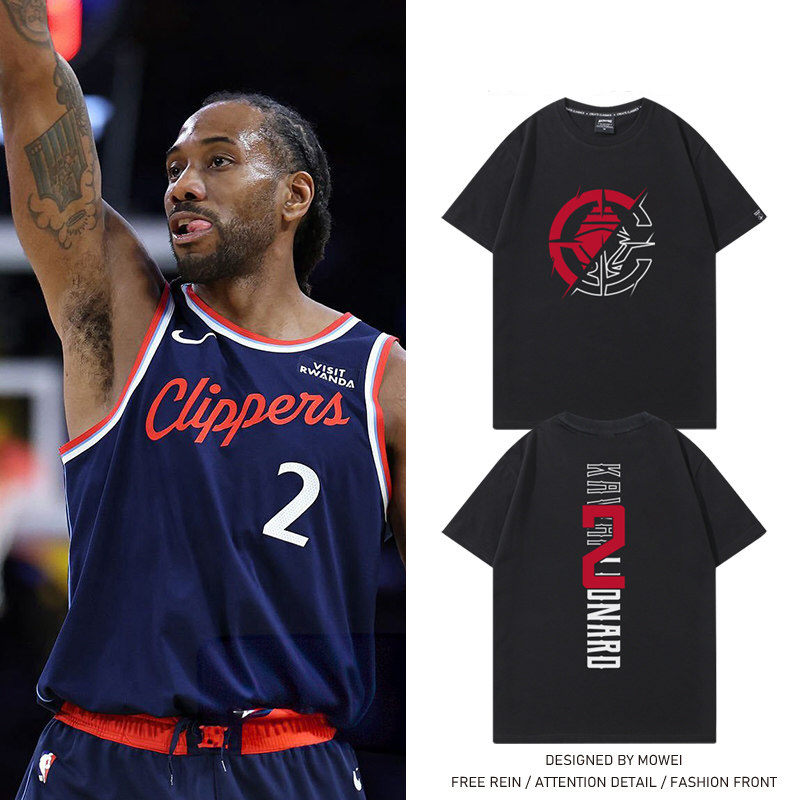 快船队小卡伦纳德2号篮球衣男美式休闲运动训练服宽松纯棉短袖T恤