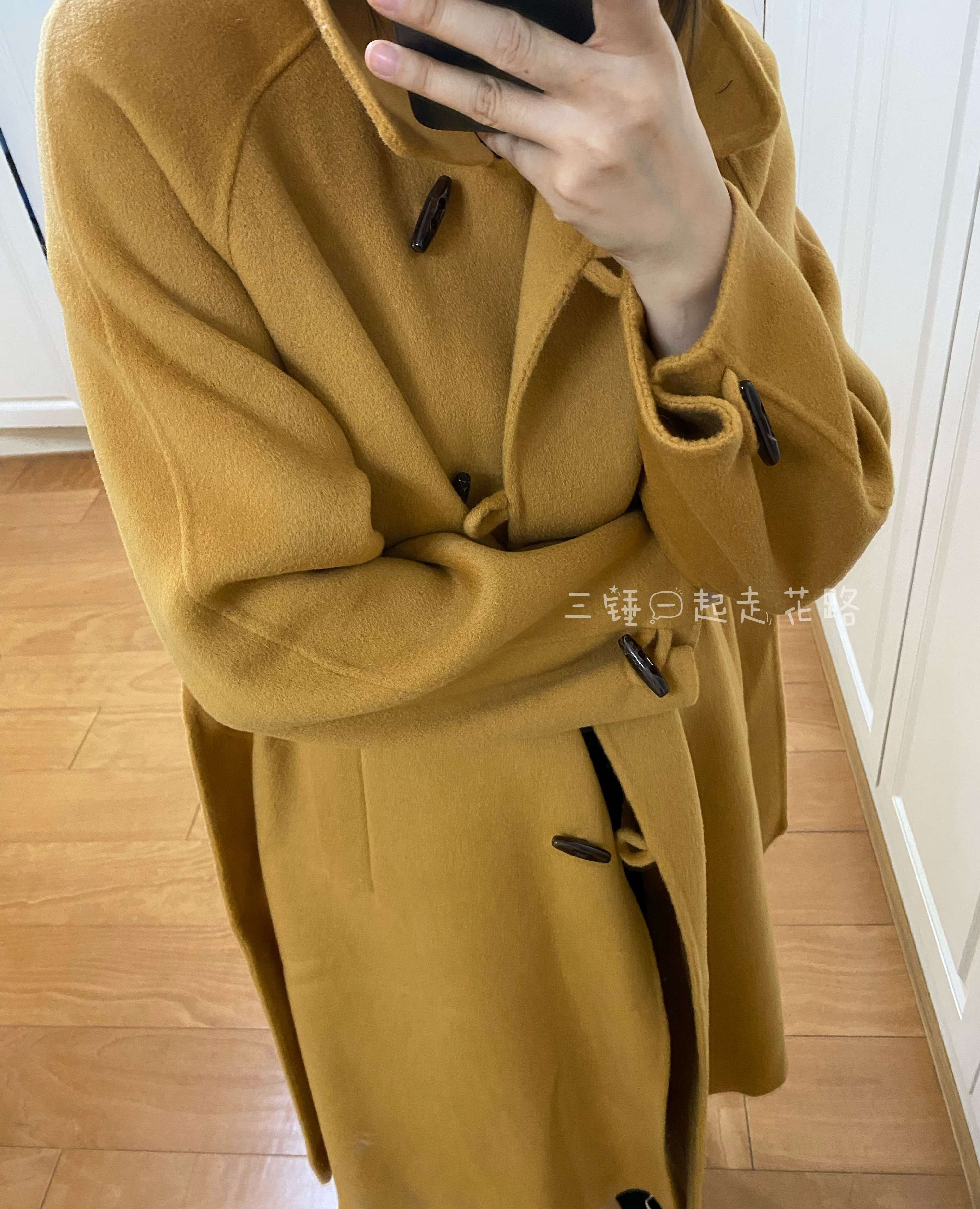 现货！温暖的姜黄色22年新款双面手工羊毛大衣长款毛呢外套女