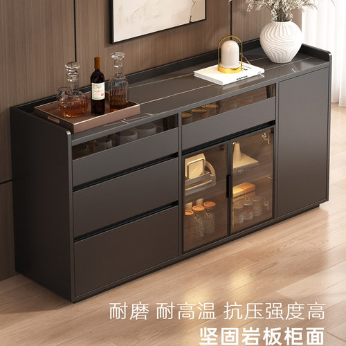 现代简约岩板餐边柜黑色玻璃门储物柜多层收纳柜免安装