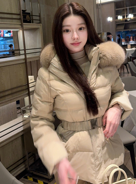 green大姐姐【韩女外套】狐狸毛领显瘦收腰90鸭绒灰色羽绒服秋冬