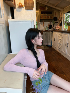 green大姐姐【氧气大小姐】冰丝修身纯欲U领圆领针织衫长袖上衣夏