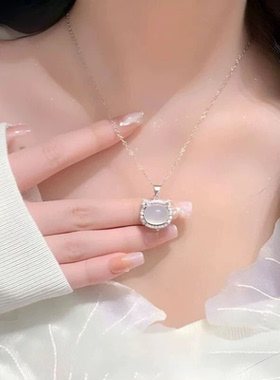 S925纯银白玉髓项链女正品带证书百搭锁骨链高级感猫咪吊坠送女友